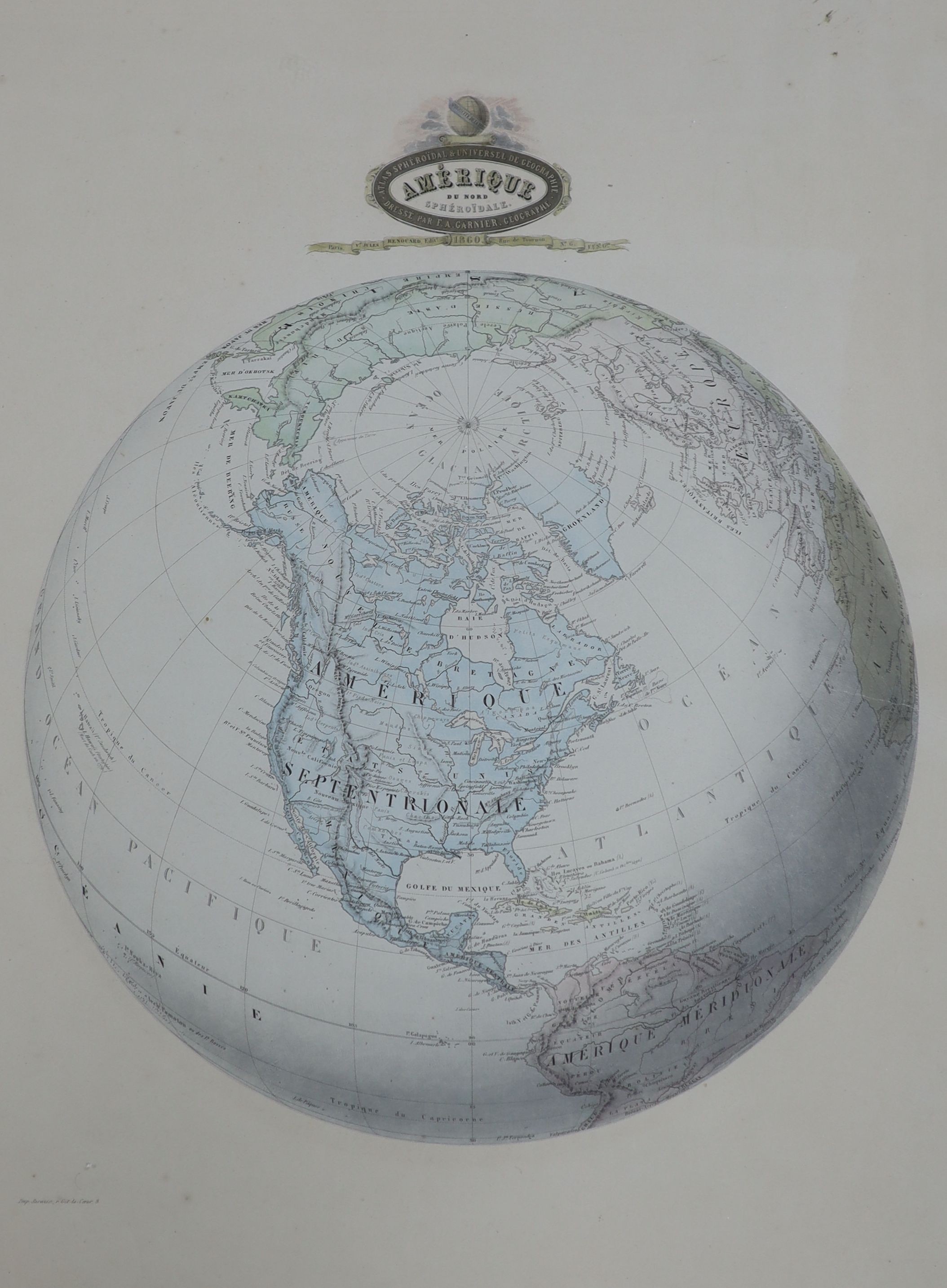 F. A. Garnier, coloured steel engraving, map of 'Amerique du Nord Spheroidale', 1860, 50 x 37cm, with two unframed maps of Discoveries made in the Arctic regions 1829-33, by Capt. John Ross and a Grenville Collins map of